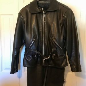Leather biker jacket and chaps